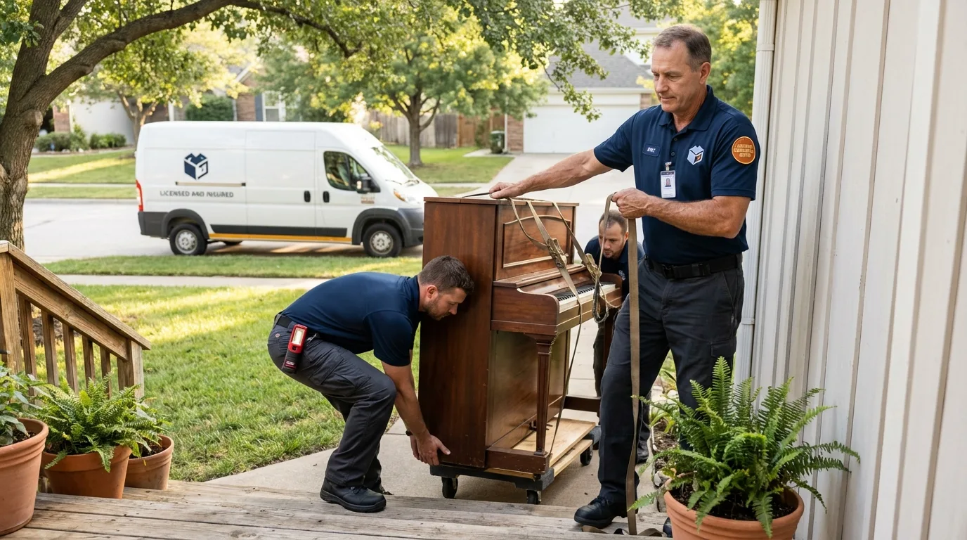 Licensed piano movers securing grand piano in Merrill, WI