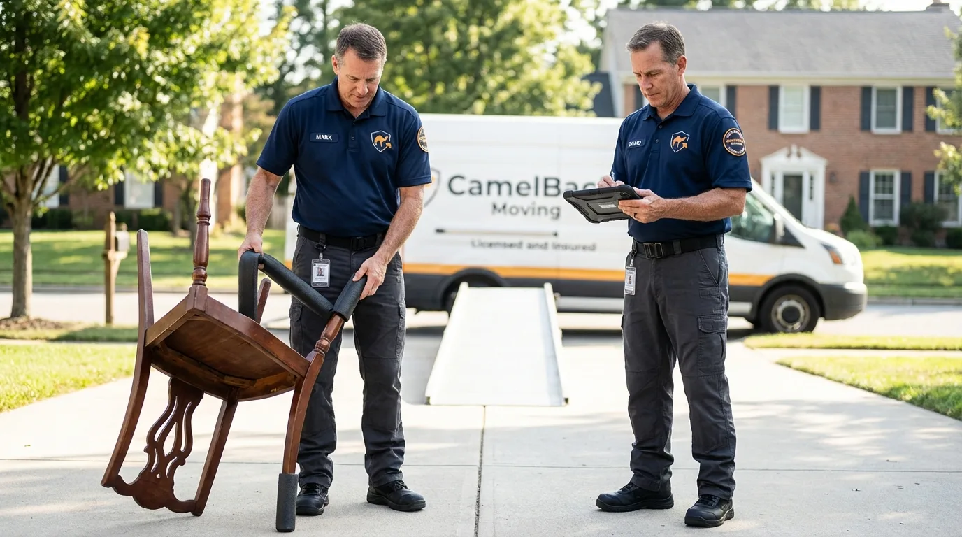 Movers inspecting furniture for damage prevention before loading in Merrill, WI