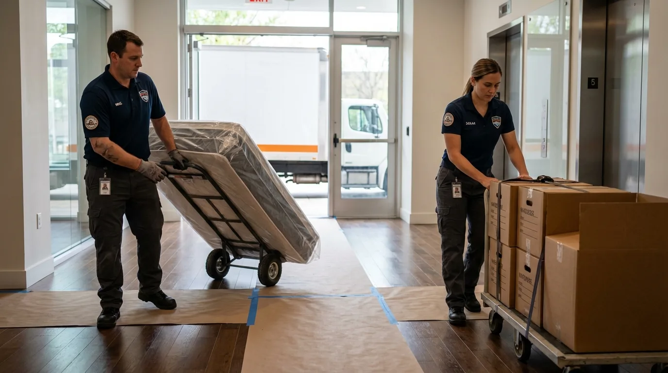 Professional apartment movers loading elevator in Merrill, WI