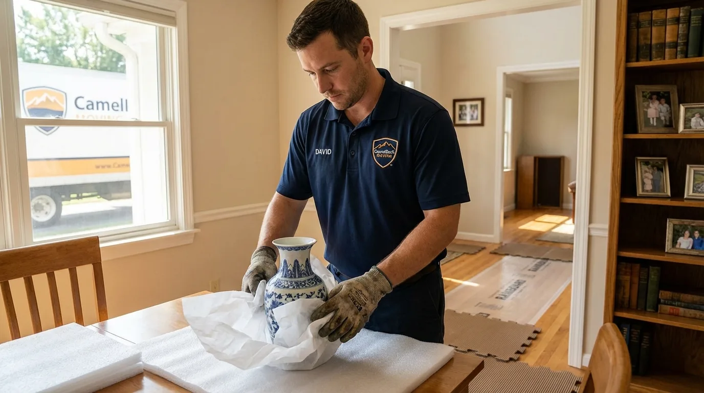 Professional crew carefully wrapping antique vase for senior downsizing move in Merrill, WI